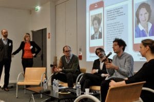 Mathieu Mazérat et Florence Saubatte animent la table ronde avec Esther Mac Namara, Clément Bertholet, Cédric Spérandio et Christophe Bouchet